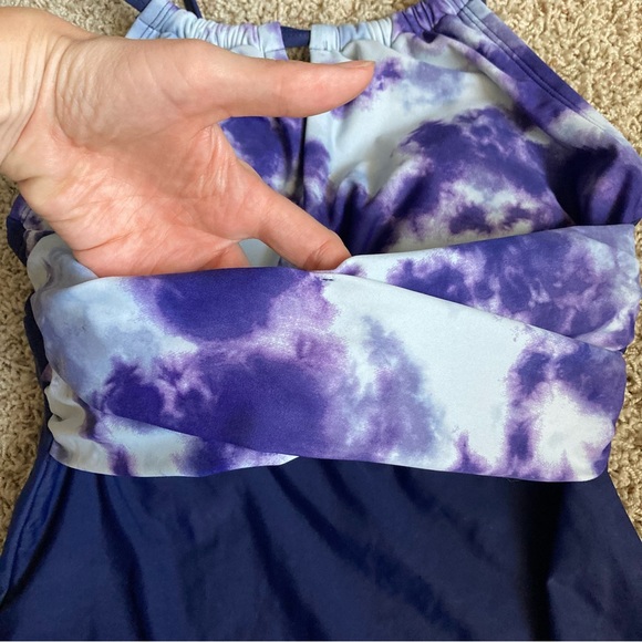 Blue Tie Dye High Neck Wrap One Piece Swimsuit - Picture 4 of 8